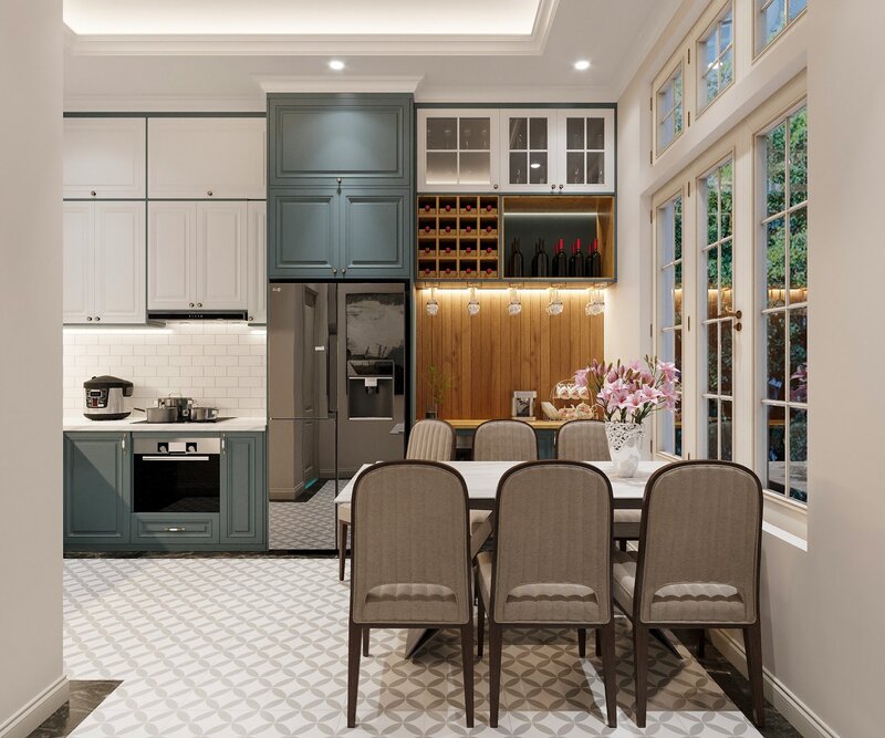 Mẫu thiết phòng bếp mở với phòng khách 