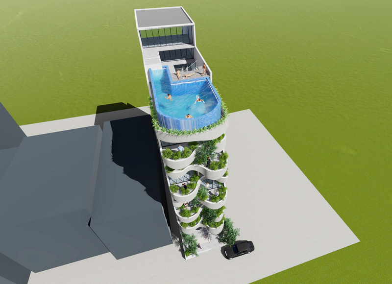 Mẫu nhà phố với sân thượng đẹp, có bể bơi ngoài trời